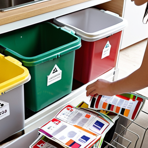 Home 4 ** A person sorting waste into color-coded bins in a modern Polish household. Focus on the clarity of the labels (papier, szkło, tworzywa sztuczne/metale, bio) and the clean, organized environment.
**