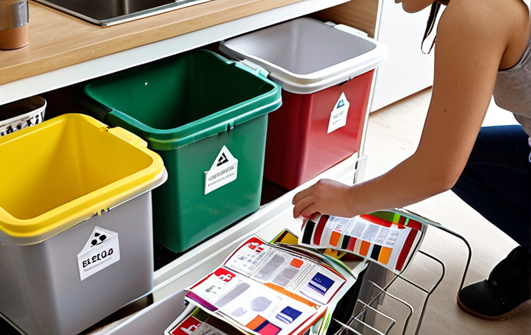 ** A person sorting waste into color-coded bins in a modern Polish household. Focus on the clarity of the labels (papier, szkło, tworzywa sztuczne/metale, bio) and the clean, organized environment.
**